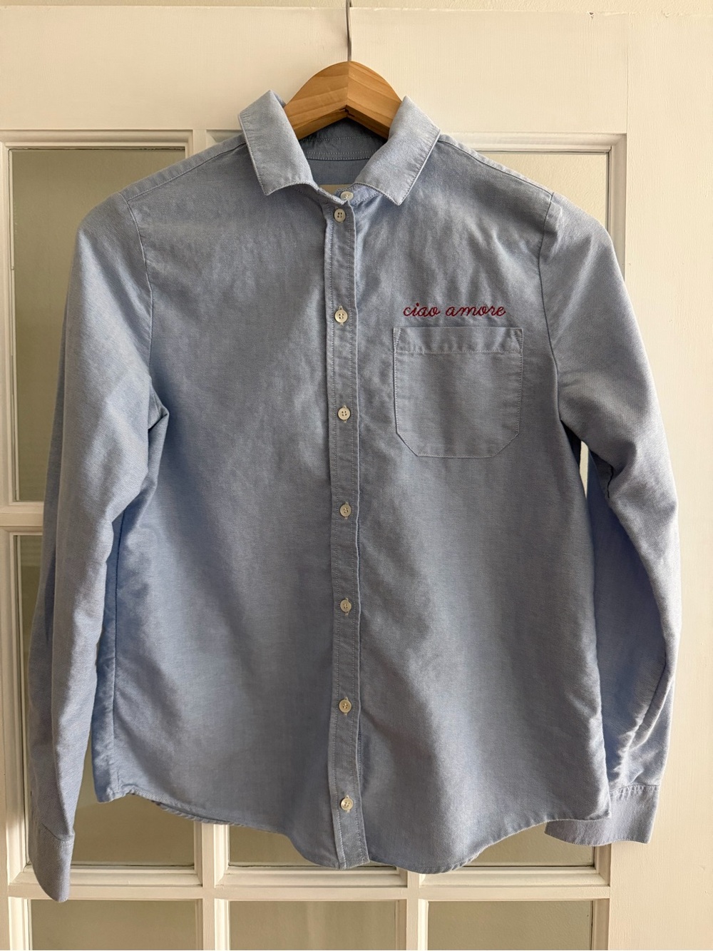 Sezane Light Blue Embroidered Oxford Shirt - "ciao amore"
